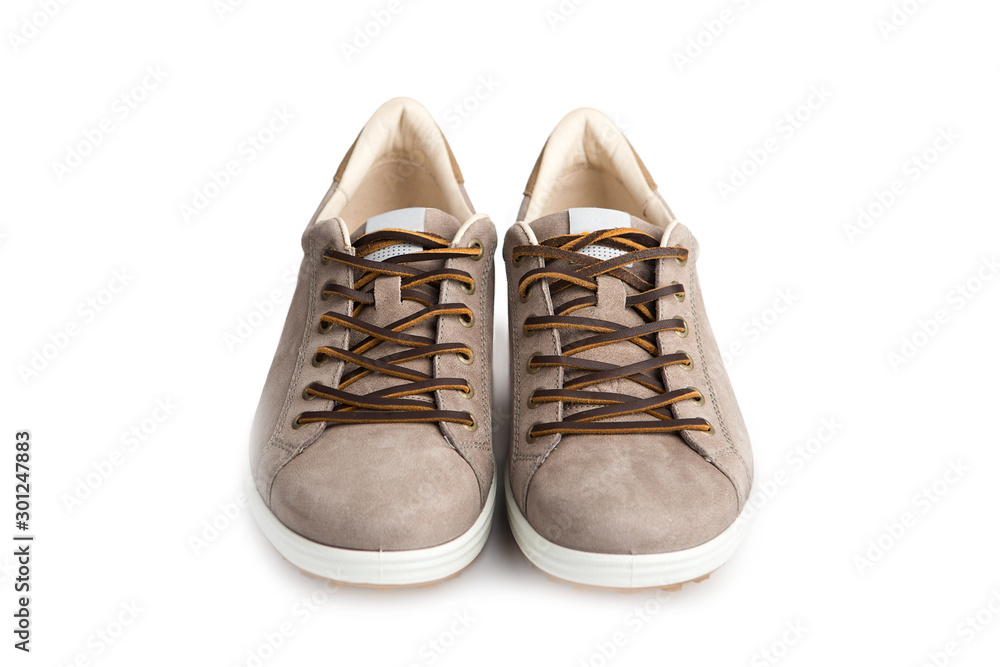 Men's beige nubuck leather sneakers, leather lace, fabric lining and light  platform soles Stock Photo | Adobe Stock