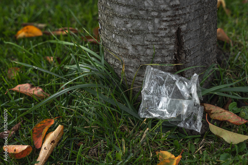 Little plastic bag on the grass by a tree trunk. Pollution, environment. Package, PET, autumn leaves on the lawn. Nature.
