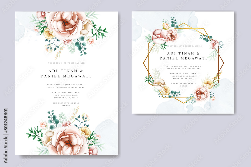 wedding invitation design with watercolor floral and leaves 