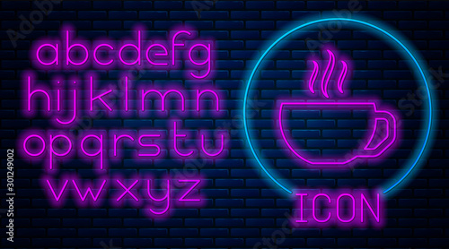 Glowing neon Coffee cup flat icon isolated on brick wall background. Tea cup. Hot drink coffee. Neon light alphabet. Vector Illustration