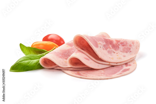 Thinly Sliced Ham, boiled sausage, isolated on white background