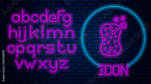 Glowing neon Sponge with bubbles icon isolated on brick wall background. Wisp of bast for washing dishes. Cleaning service logo. Neon light alphabet. Vector Illustration