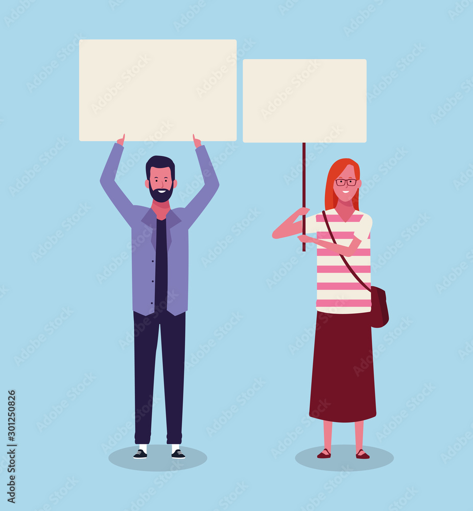 woman and man standing and protesting with blank placards, colorful design woman and man standing and protesting with blank placards, colorful design