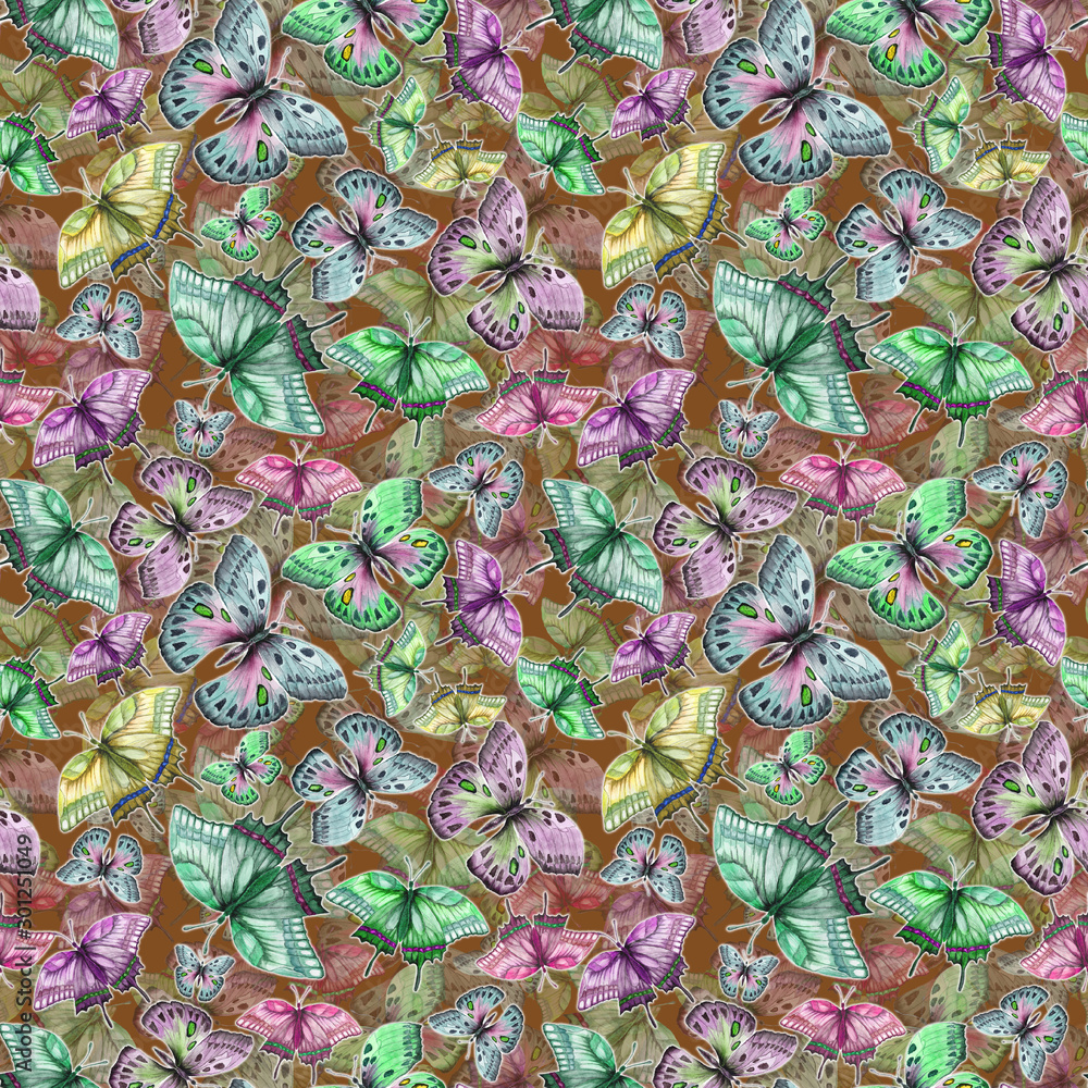 Beautiful colorful tropical butterflies on brown background. Seamless pattern. Watercolor painting. Hand drawn and painted illustration.