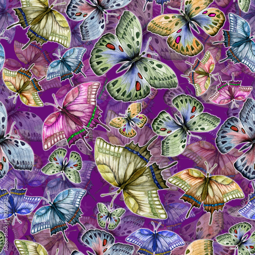 Beautiful colorful tropical butterflies on purple background. Seamless pattern. Watercolor painting. Hand drawn and painted illustration.