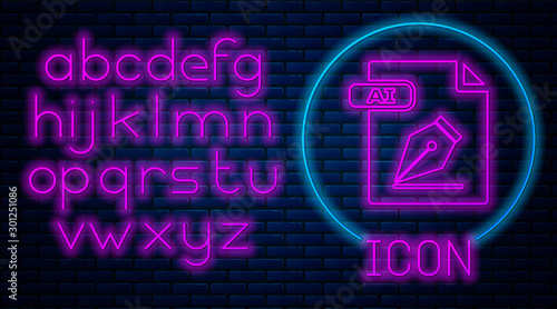 Glowing neon AI file document. Download ai button icon isolated on brick wall background. AI file symbol. Neon light alphabet. Vector Illustration