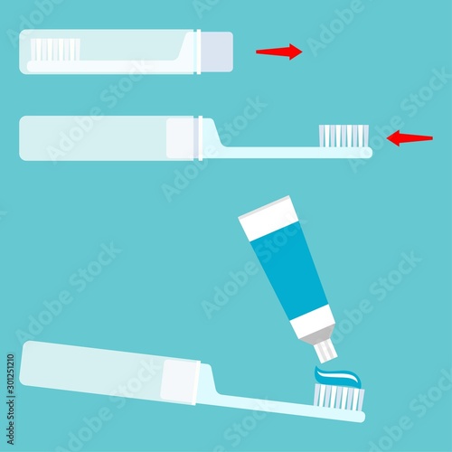 Instructions how to use travel toothbrush, conceptual vector