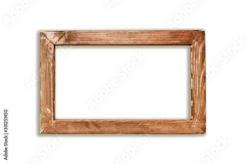 Grunge wooden photo frame with empty copy space isolated on white.