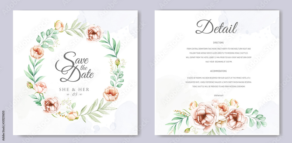 wedding invitation design with watercolor floral and leaves 