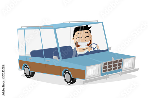 asian businessman driving with retro cartoon car