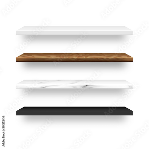 Set of empty wood, marble, white, black plastic shelf shelves.