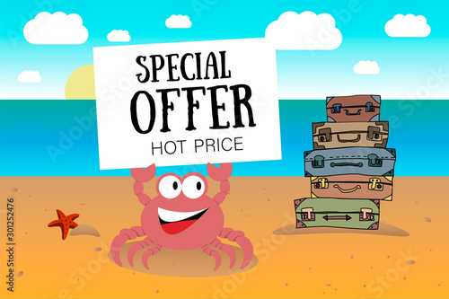 Cartoon crab with nameplate Special offer hot price on beach with pile of suitcases by sea. Summer Sale. Summertime