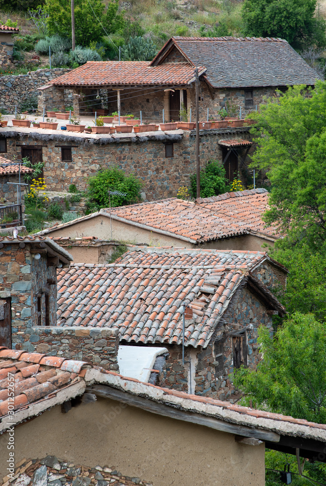 Rooftops of traditional stone houses from the beautiful village of Figardou in Cyprus