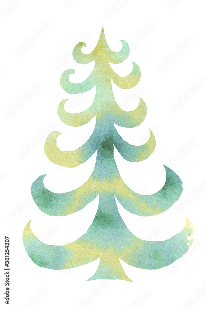 Forever green, New Year, holiday tree - fir-tree. Watercolor hand drawn illustration Forever green, New Year, holiday tree - fir-tree. Watercolor hand drawn illustration