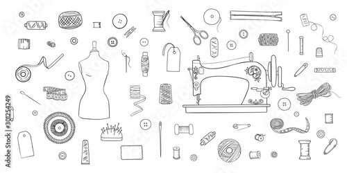 Ink pen set of objects for sewing, handicraft. Sewing tools and sewing kit and equipment, tailor shop, sketch style
