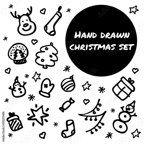 Hand drawn christmas set. Marker drawn winter season elements. Black on white.