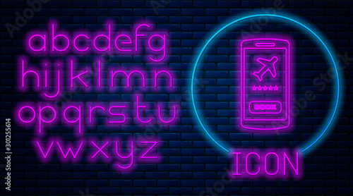 Glowing neon Smartphone with electronic boarding pass airline ticket icon isolated on brick wall background. Passenger plane mobile ticket for web and app. Neon light alphabet. Vector Illustration