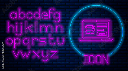 Glowing neon Online car sharing icon isolated on brick wall background. Online rental car service. Online booking design concept for laptop. Neon light alphabet. Vector Illustration