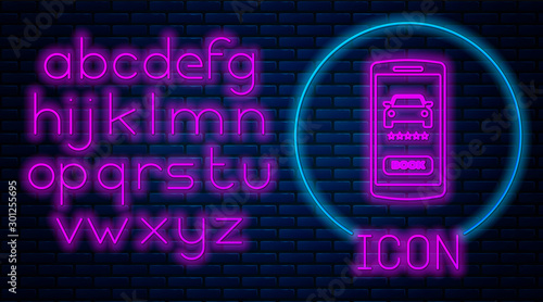 Glowing neon Online car sharing icon isolated on brick wall background. Online rental car service. Online booking design concept for mobile phone. Neon light alphabet. Vector Illustration