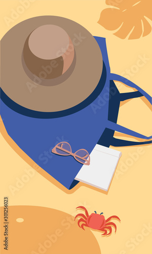 Creative  concept travel vacation vector illustration hat clothing bag accessories lying on the beach sand seashore in the sunlight.