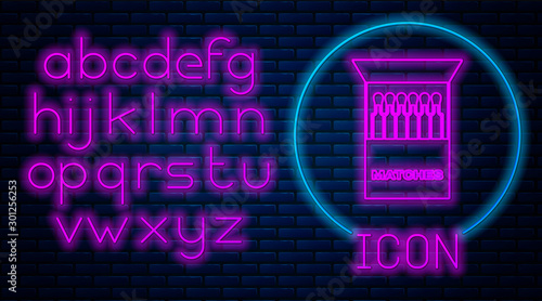 Glowing neon Open matchbox and matches icon isolated on brick wall background. Neon light alphabet. Vector Illustration