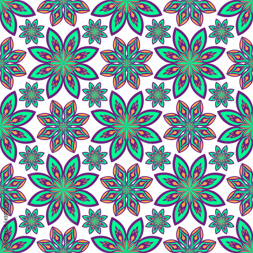 Colorful abstract geometric oriental floral seamless pattern, violet orange turquoise color, isolated on white background