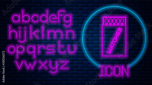 Glowing neon Open matchbox and matches icon isolated on brick wall background. Neon light alphabet. Vector Illustration