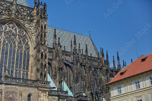 Beautiful Gothic church from a darkened stone in Prague, Czech Republic.