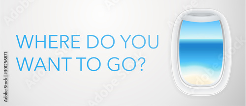 Airplane window vector template (flight concept). Sunny beach (blue ocean) view though aircraft porthole. Plane banner design for tourism agency with creative travel background