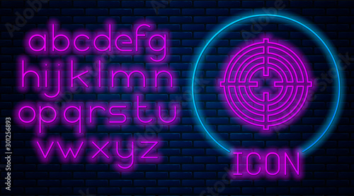 Glowing neon Target sport for shooting competition icon isolated on brick wall background. Clean target with numbers for shooting range or shooting. Neon light alphabet. Vector Illustration