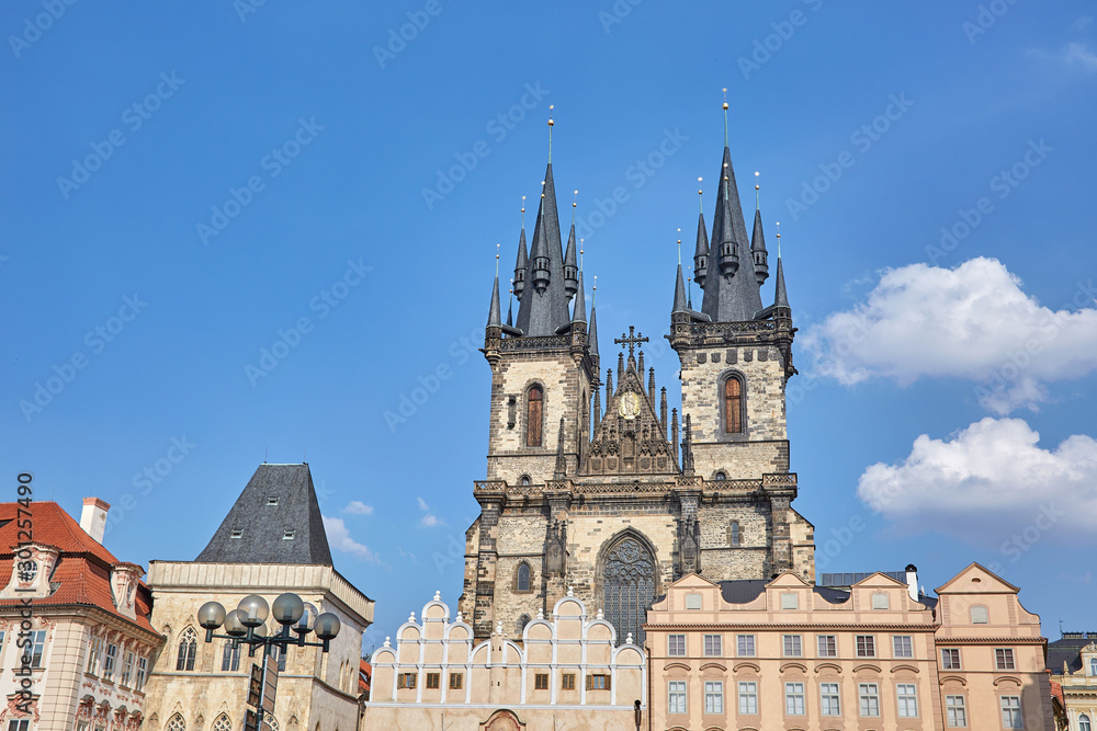 Panorama of the Gothic church with two towers in Prague, Czech Republic.