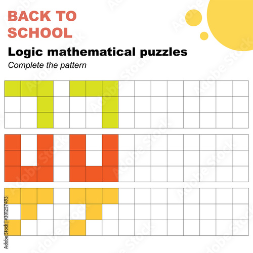 Complete the patterns, mathematical logic puzzles worksheet. Easy worksheet, for children in preschool, elementary and middle school.