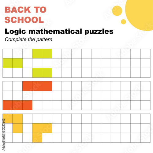 Complete the patterns, mathematical logic puzzles worksheet. Easy worksheet, for children in preschool, elementary and middle school.