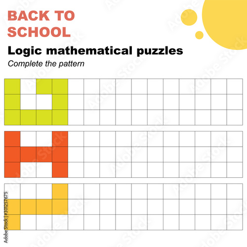 Complete the patterns, mathematical logic puzzles worksheet. Easy worksheet, for children in preschool, elementary and middle school.