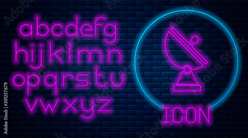 Glowing neon Radar icon isolated on brick wall background. Military search system. Neon light alphabet. Vector Illustration