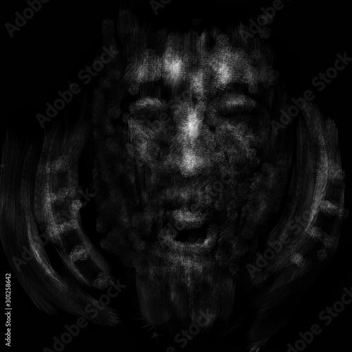 Angry human face with open mouth. Black and white illustration in horror genre with coal and noise effect.