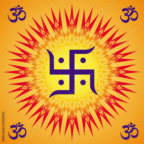 A Square circular orange mandala with aum / om  / ohm signs in the corners and a swastika, a rotation element in the center. Vector art graphic.