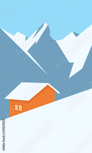 Creative concept vector illustration lonely cabin house in the snow on european mountain winter background.