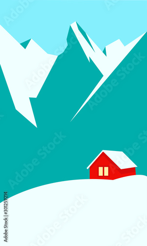 Creative concept vector illustration lonely cabin house in the snow on european mountain winter background.
