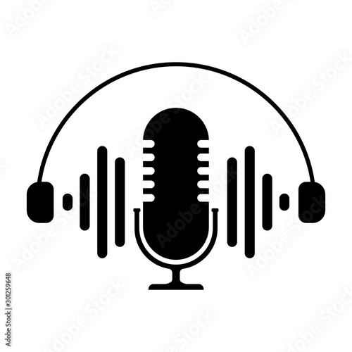 Podcast radio icon illustration. Studio table microphone with broadcast text podcast. Webcast audio record concept logo.