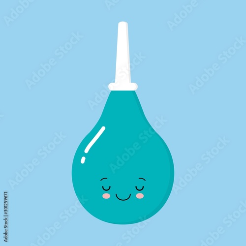 Cute cartoon enema. Medical instruments . Blue enema with a plastic tip. Vector illustration. Kawaii style