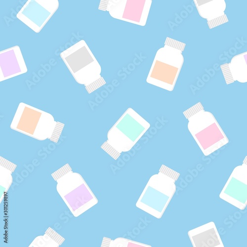 Medicine bottle icon isolated seamless pattern on blue background. Container with pills.