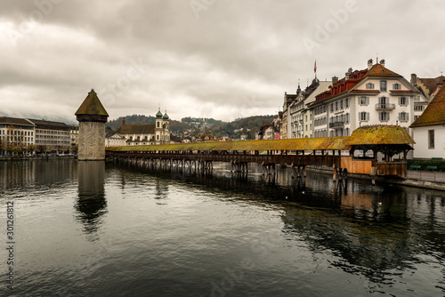 Lucerne historic city center view of famous Chapel Bridge and lake Vierwaldstattersee, Canton of Lucerne, Switzerland © Ivan