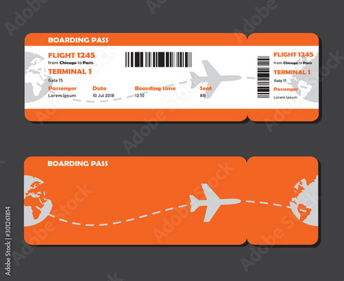 Flat design of airline travel boarding pass. Vector template or mock up isolated on grey background. Front and back side tickets.