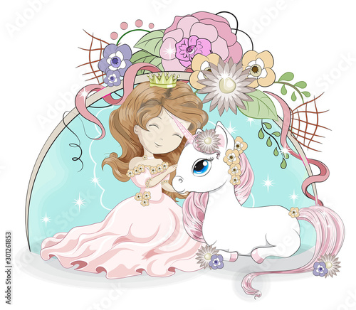 princess and white unicorn in flower