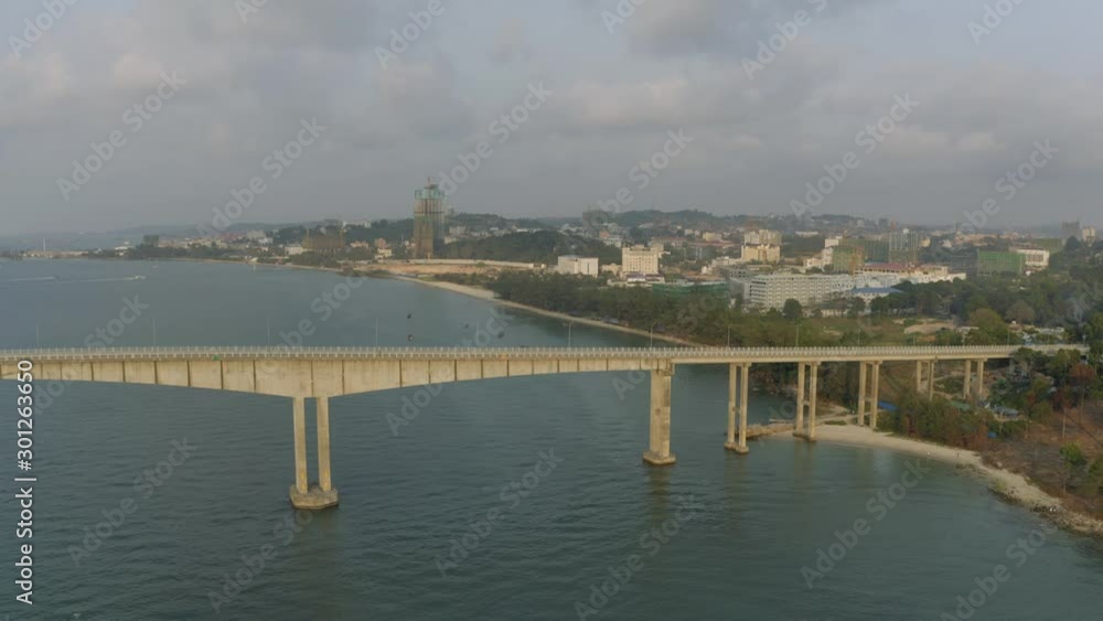 Bridge over the sea, asphalt road blue water Drone shot in Cambodia Bridge over the sea, asphalt road blue water Drone shot in Cambodia