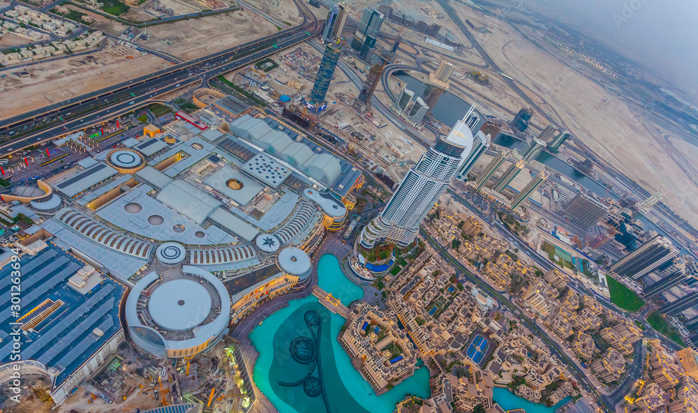 Fototapeta premium Aerial view of Downtown Dubai at the sunset
