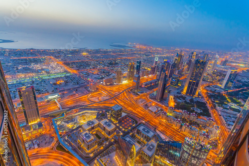 Aerial view of Downtown Dubai at the sunset