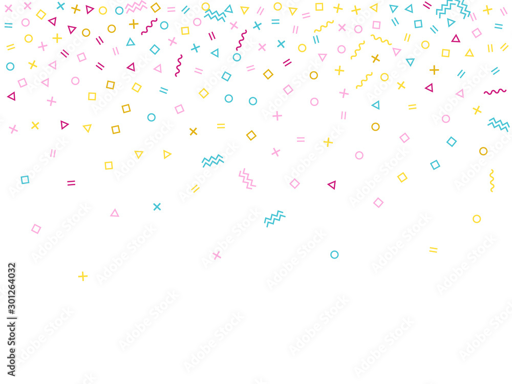 Memphis style geometric confetti vector background with triangle, circle, square shapes, zigzag and wavy line ribbons. 