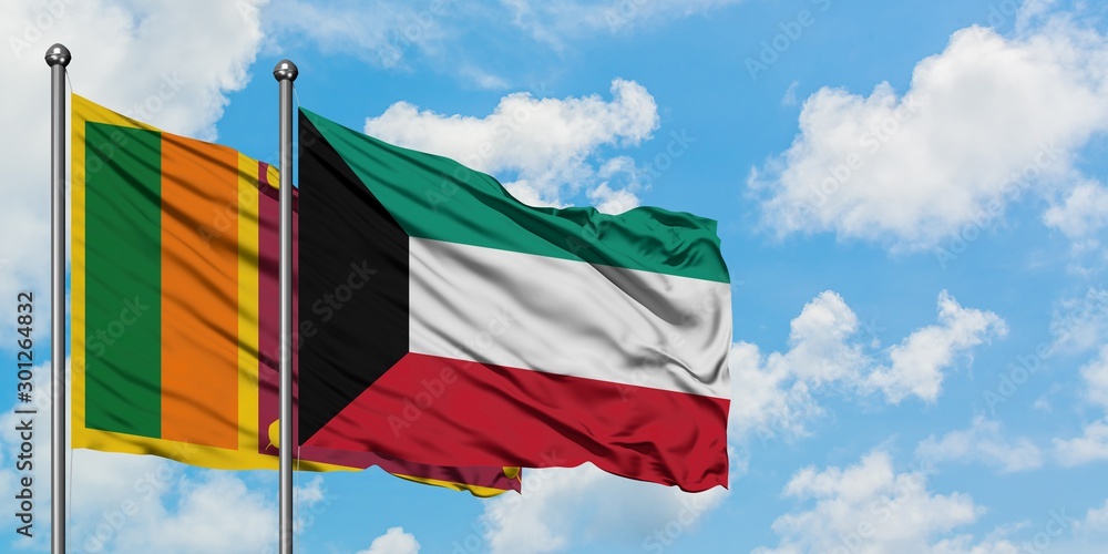 Sri Lanka and Kuwait flag waving in the wind against white cloudy blue sky together. Diplomacy concept, international relations.